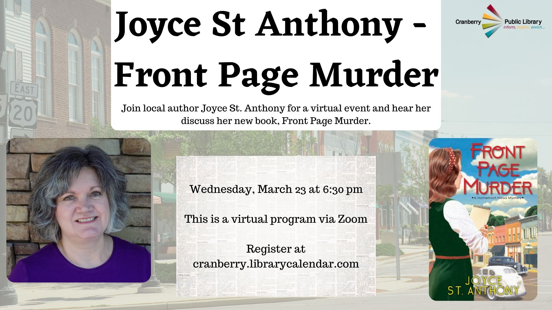 Flyer for Joyce St Anthony Front Page Murder program