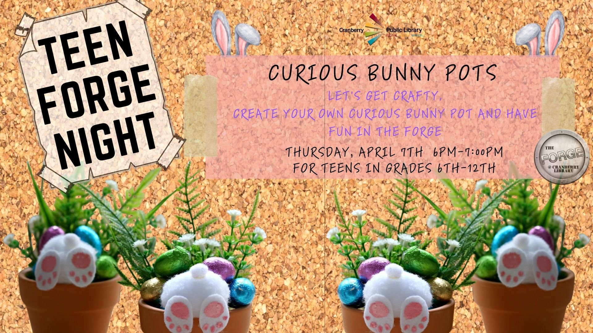 Flyer for Teen Forge Night Curious Bunny Pots