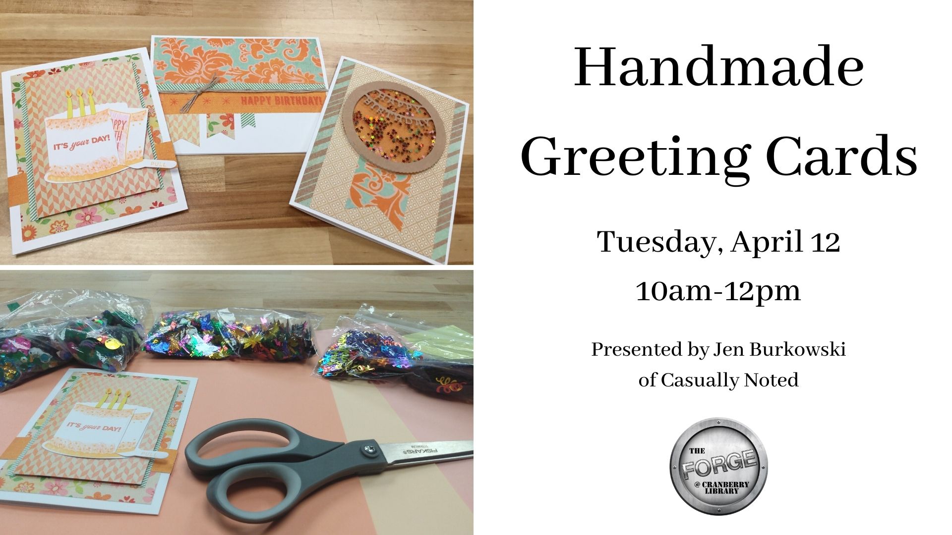 Flyer with photos of handmade greeting cards and crafting supplies