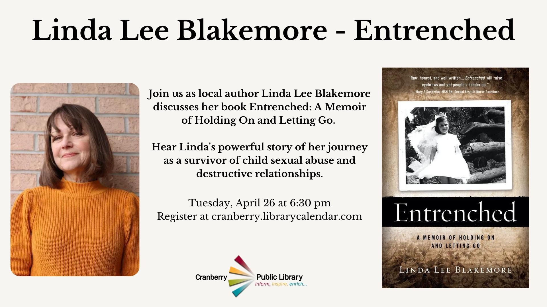 Flyer for Linda Lee Blakemore Author talk