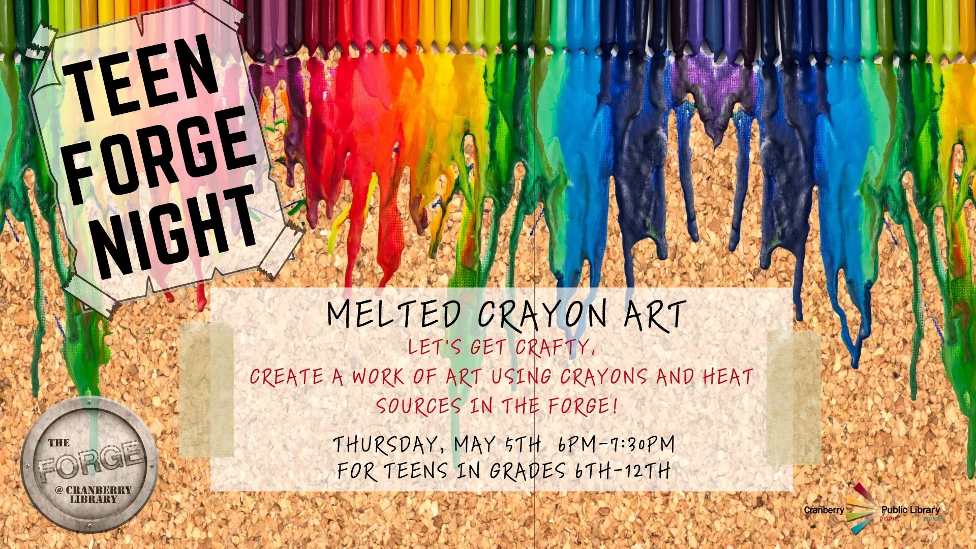 Flyer for Teen Forge Night Melted Crayon Art