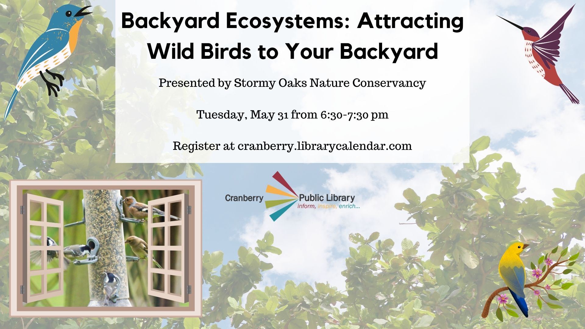 Flyer for Backyard Ecosystems program with colorful birds