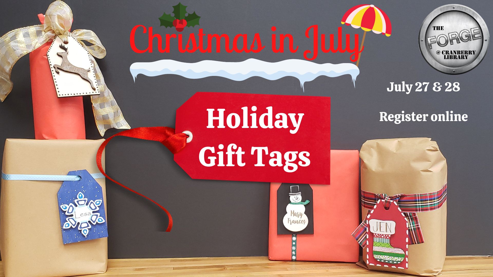 Flyer for Christmas in July Holiday Tags