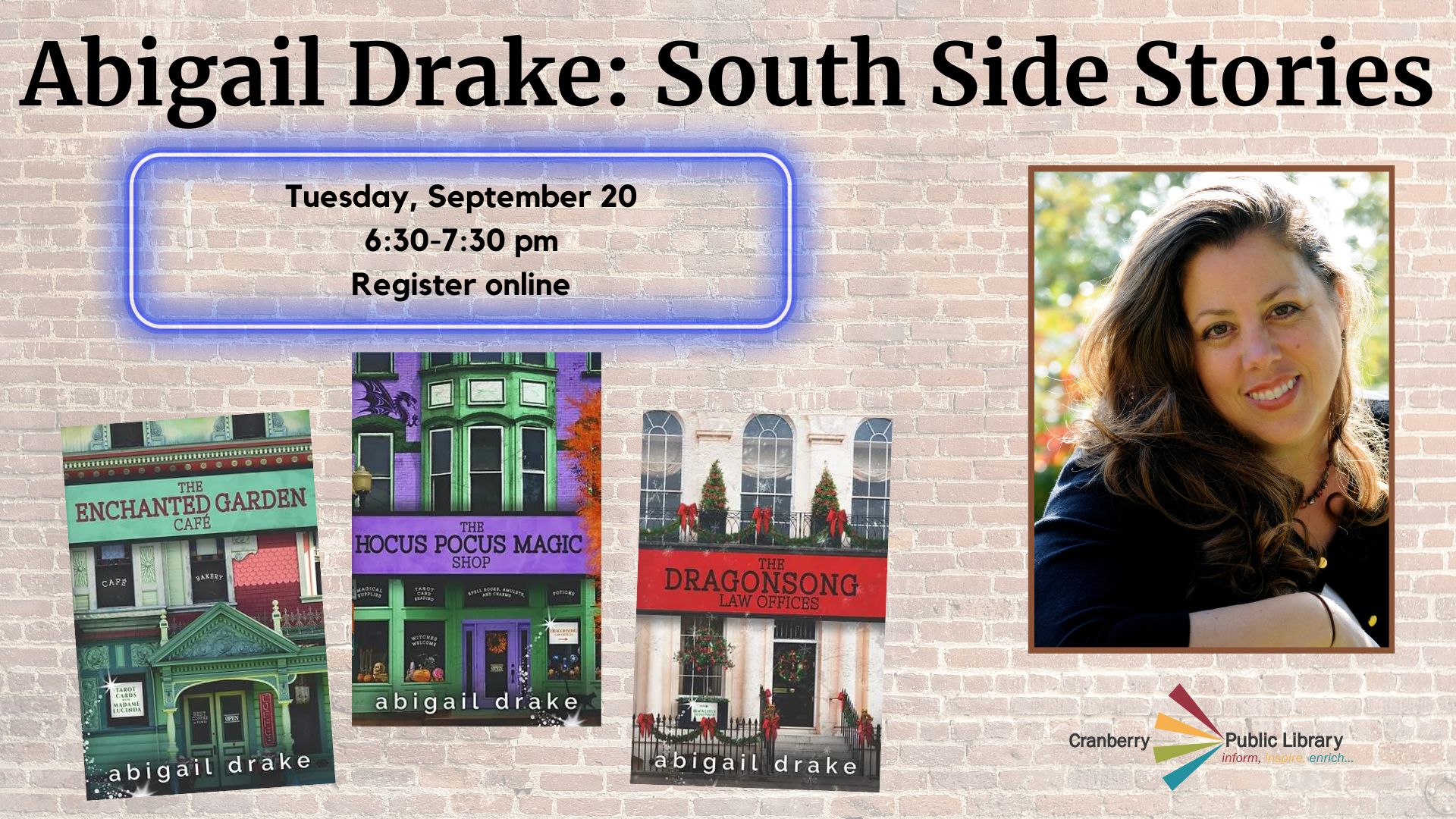 Flyer with photo of Abigail Drake and South Side Stories book covers 