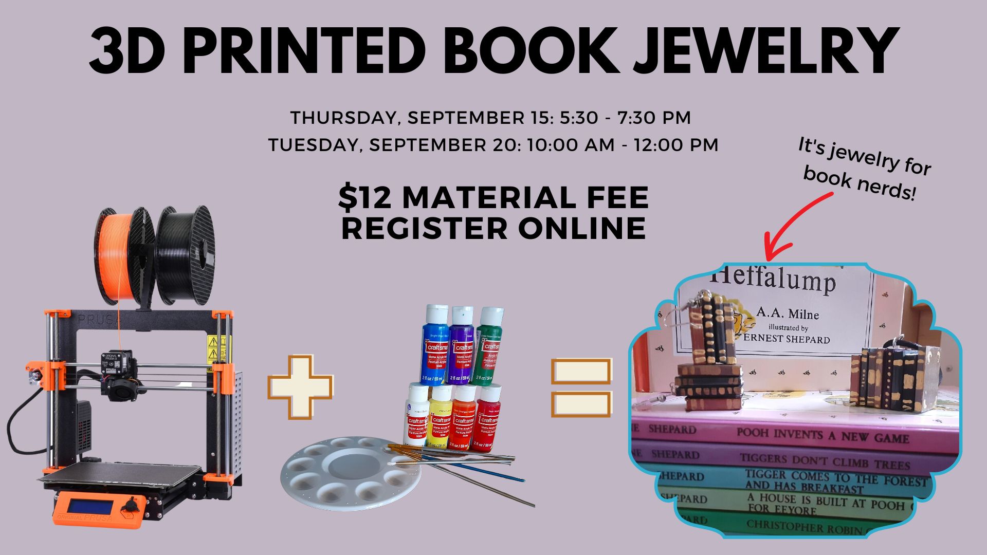 Flyer for 3D Printed Book Jewelry class in The Forge