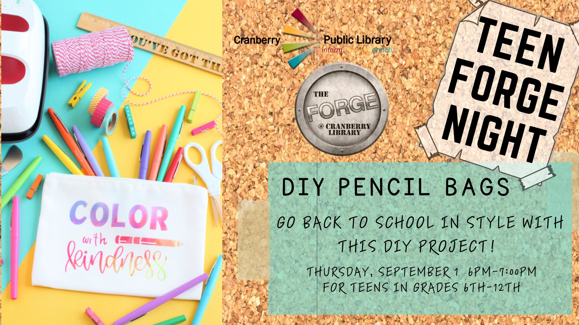 Flyer for Teen Forge Night DIY Pencil Cases