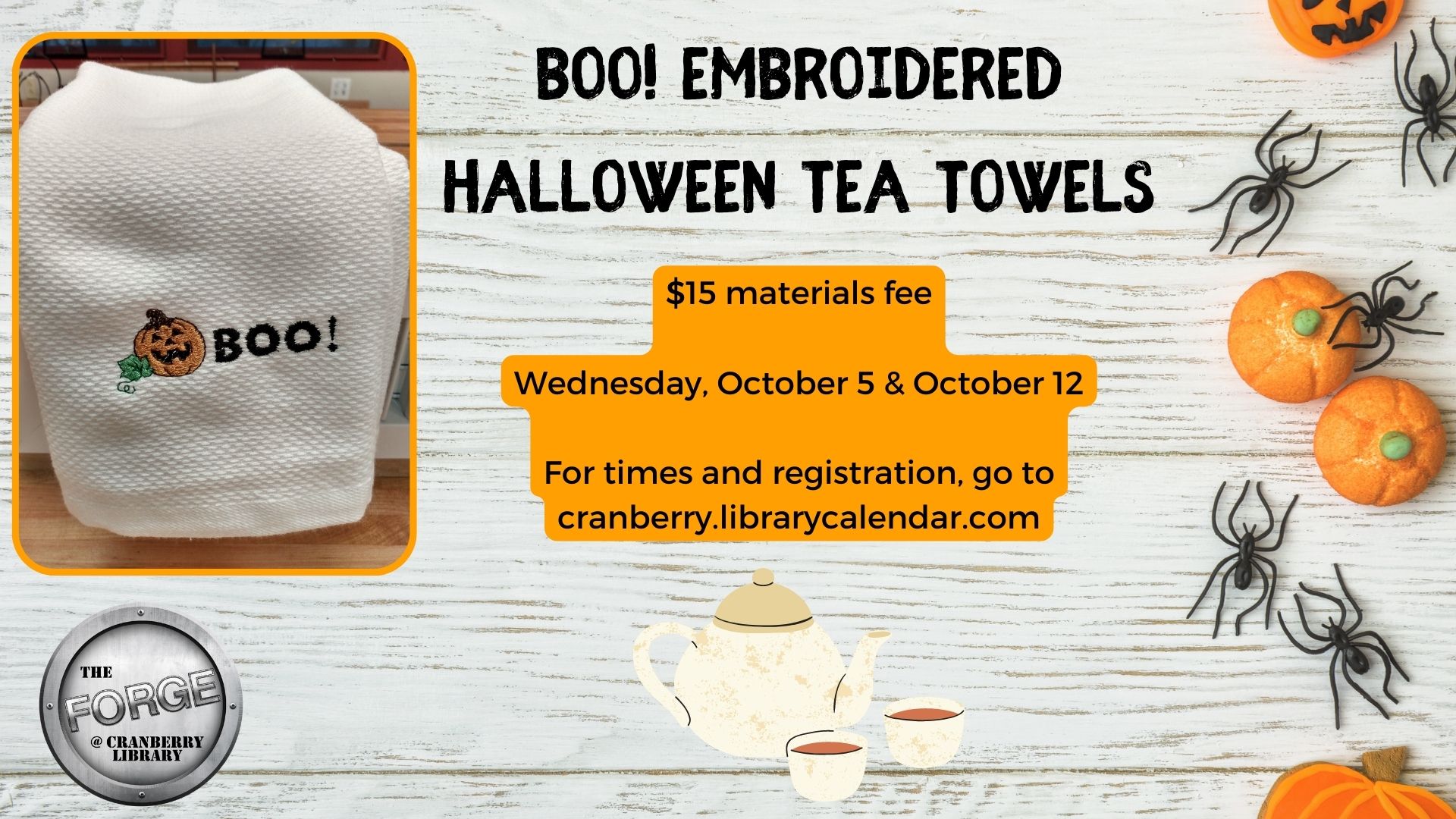Flyer for Embroidered Halloween Tea Towels class in The Forge