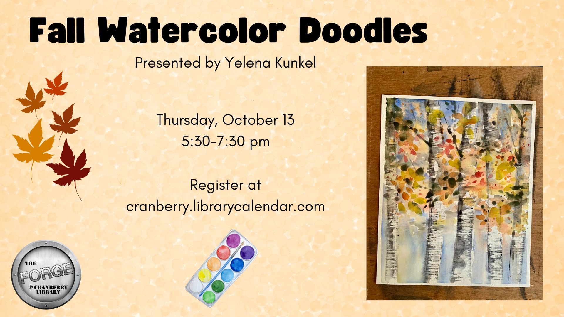 Flyer for Fall Watercolor Doodles class in The Forge