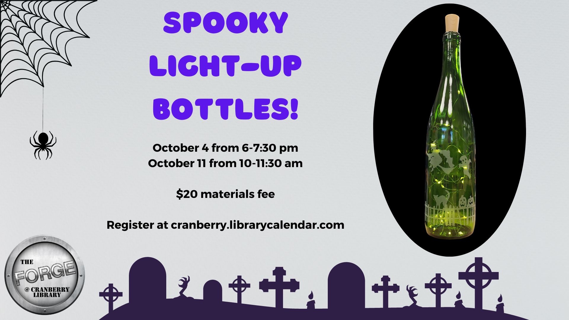 Flyer for Spooky Light-Up Bottles class in The Forge