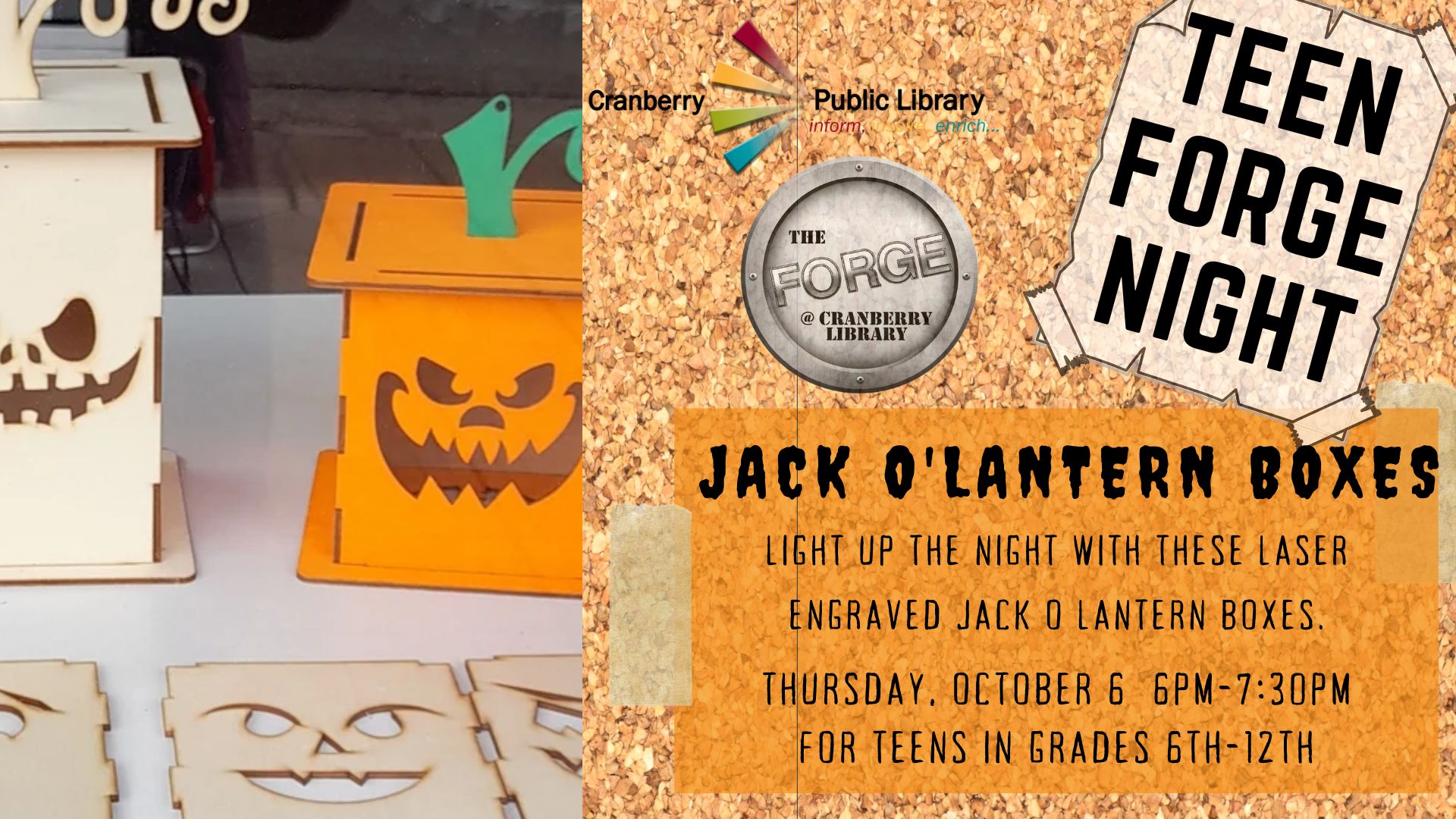 Flyer for Teen Forge Night Jack O' Lantern Boxes