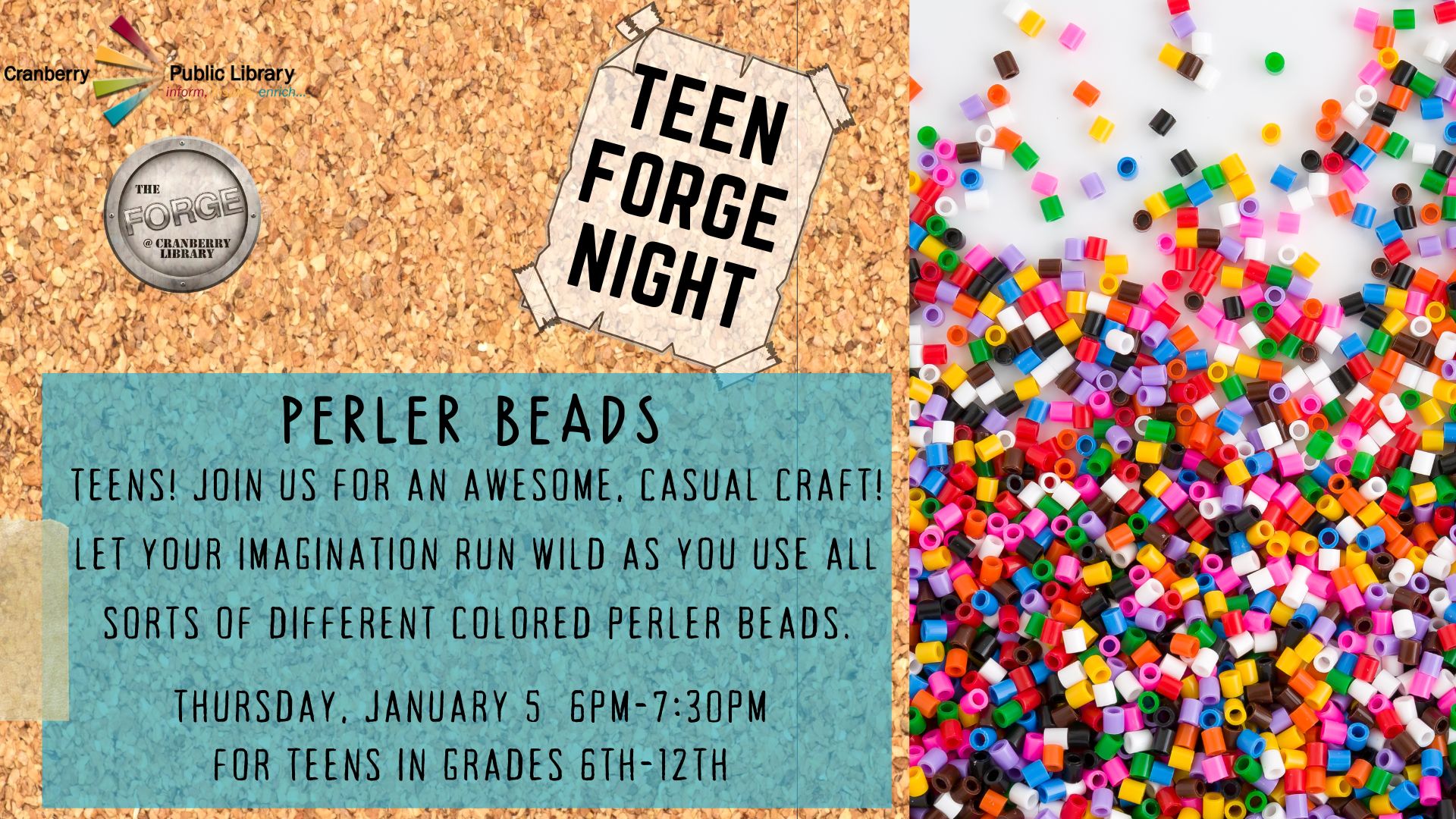 Flyer for Teen Forge Night with image of perler beads