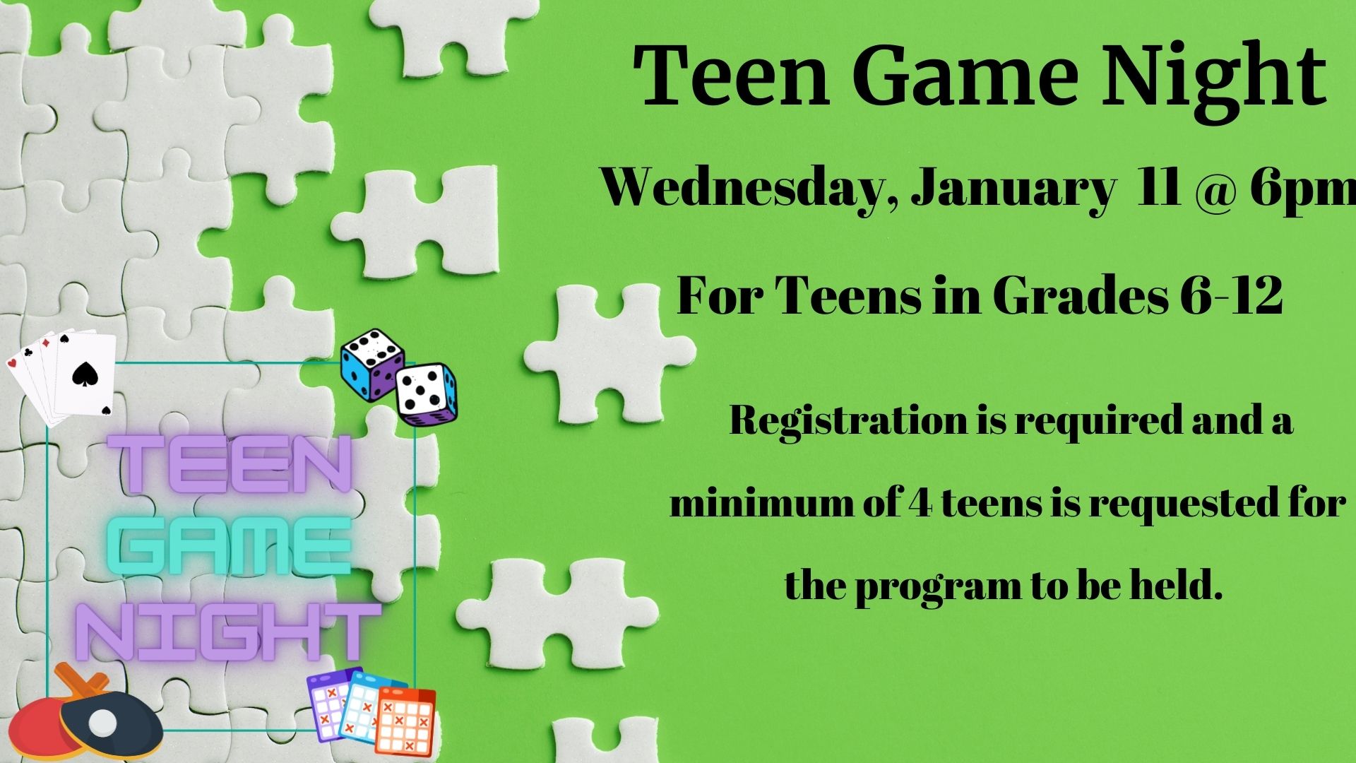 Flyer for Teen Game Night with an image of puzzle pieces 