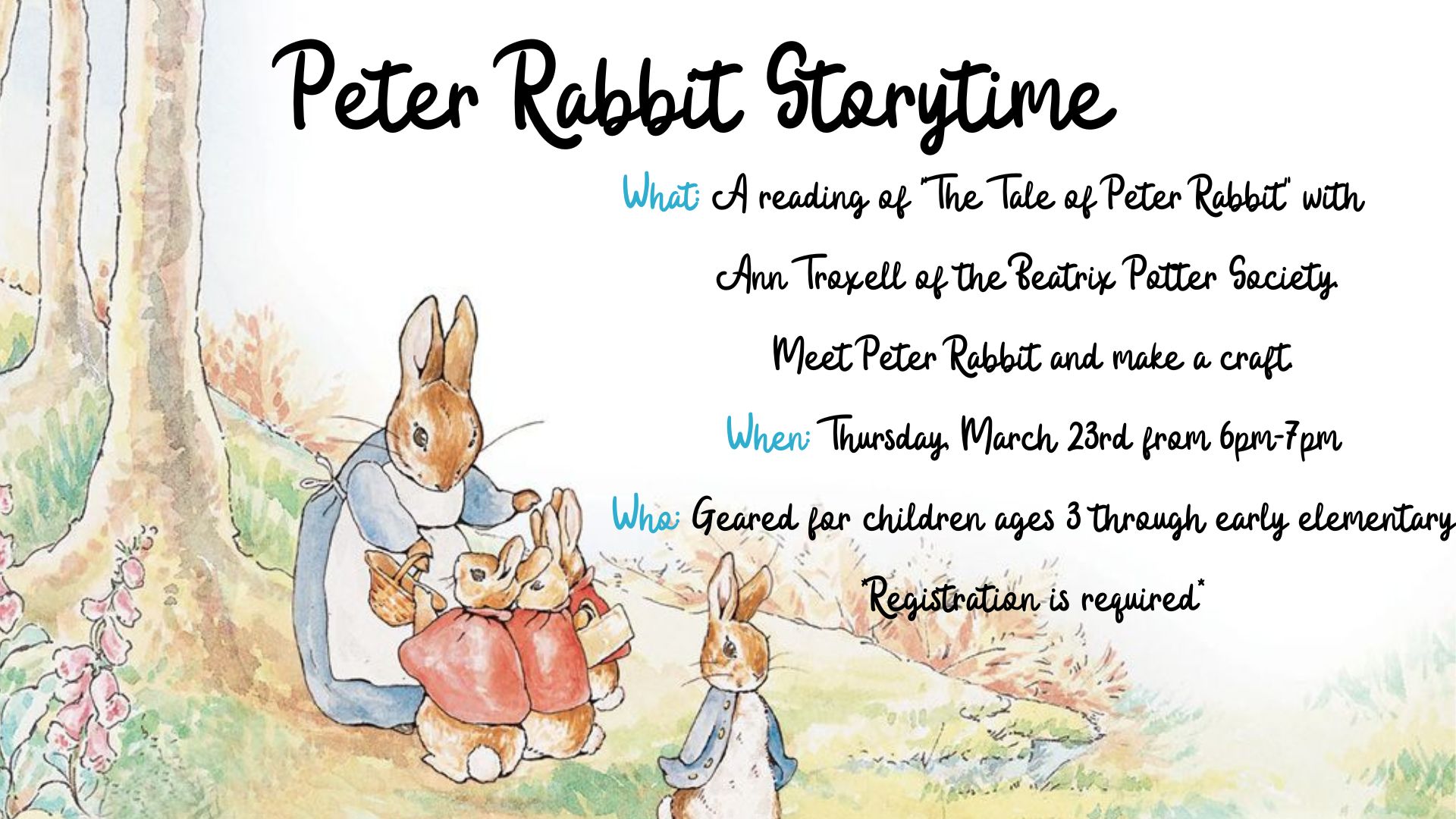 Flyer for Peter Rabbit Storytime