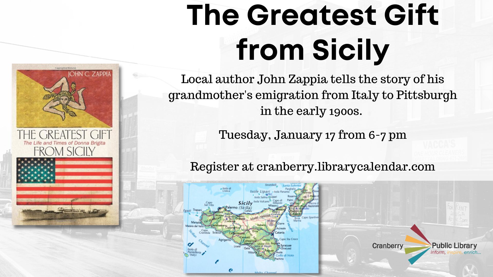 Flyer for The Greatest Gift from Sicily author talk