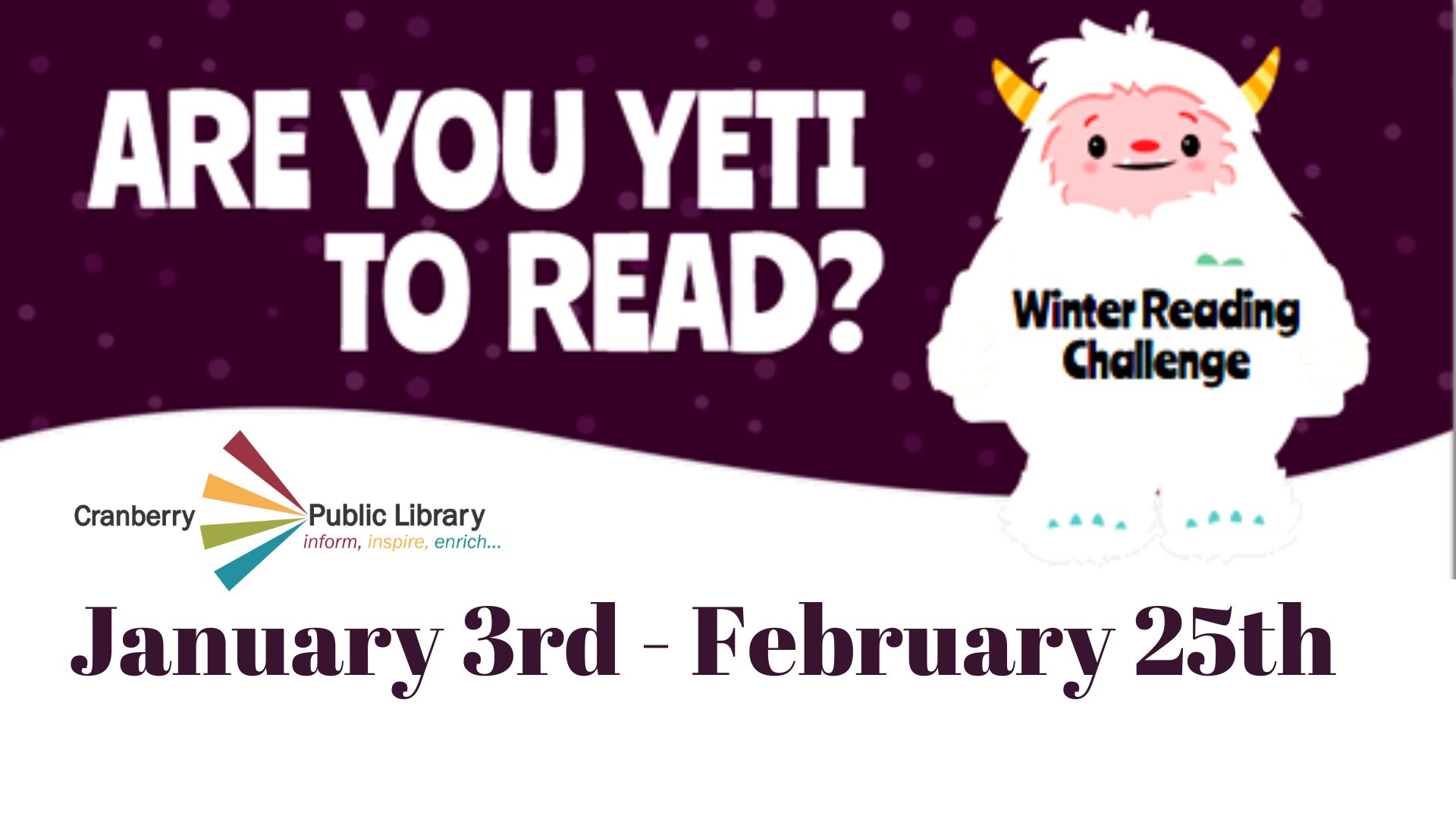 Flyer for Winter Reading Challenge with a Cartoon Yeti