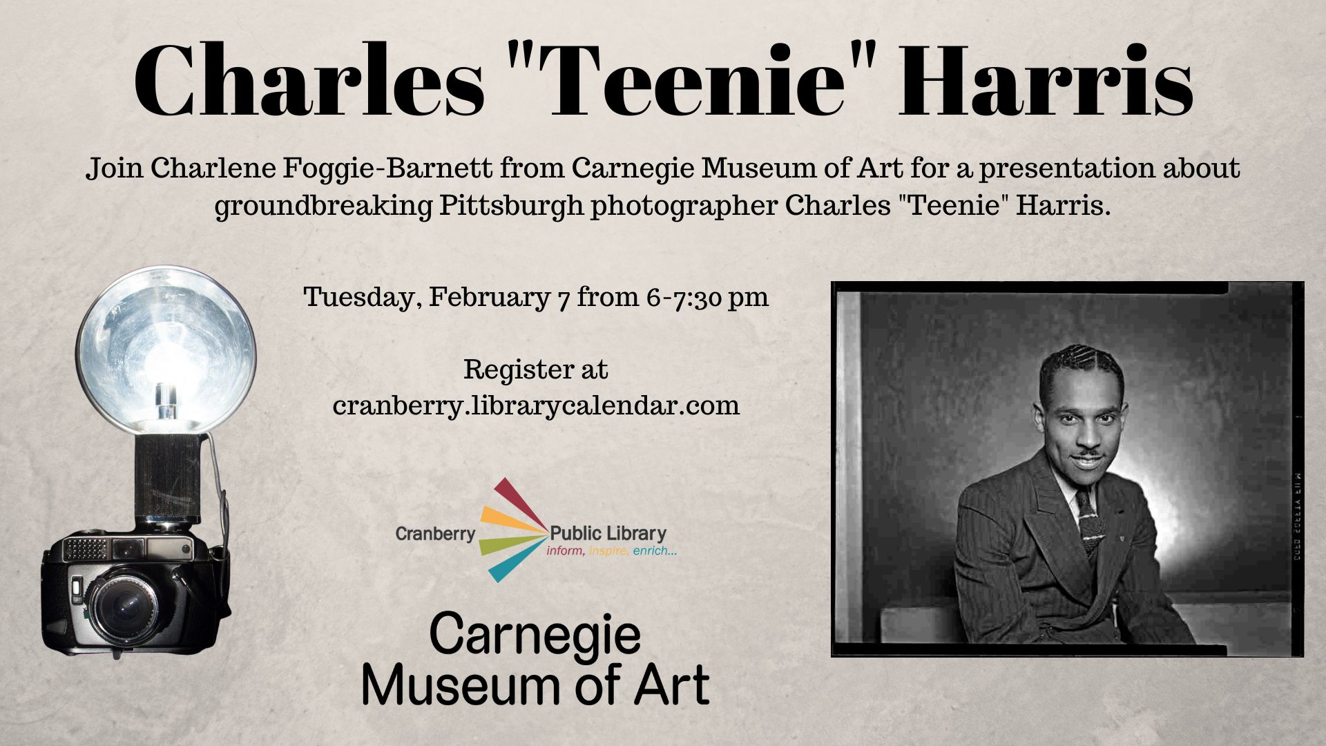 Flyer with photo of Charles "Teenie" Harris and image of a camera