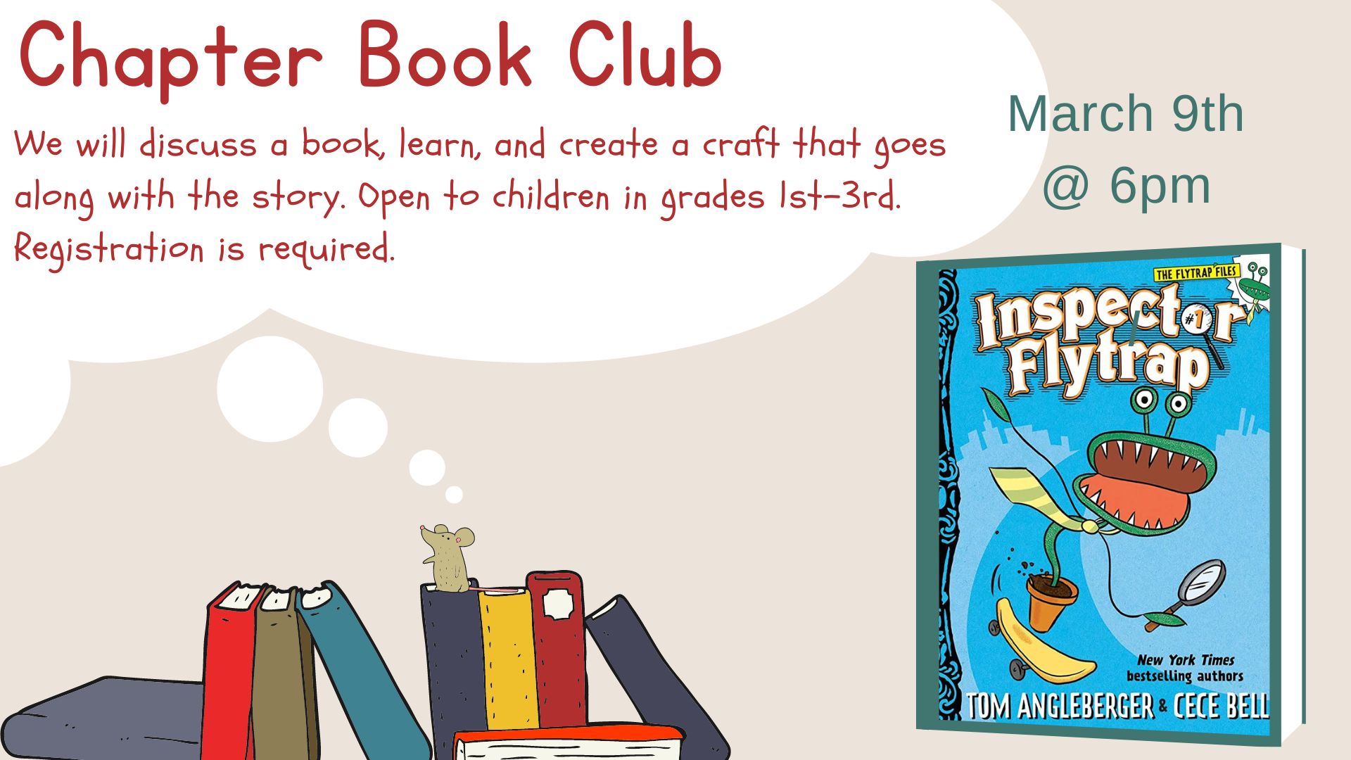 Flyer for March Chapter Book Club with Inspector Flytrap book cover