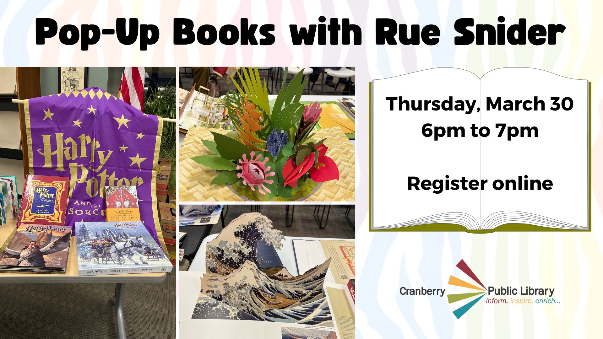 Flyer for Pop Up Books with Rue Snider presentation