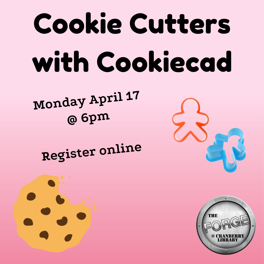 Flyer for Cookie Cutters with Cookiecad class with image of a cookie and two cookie cutters