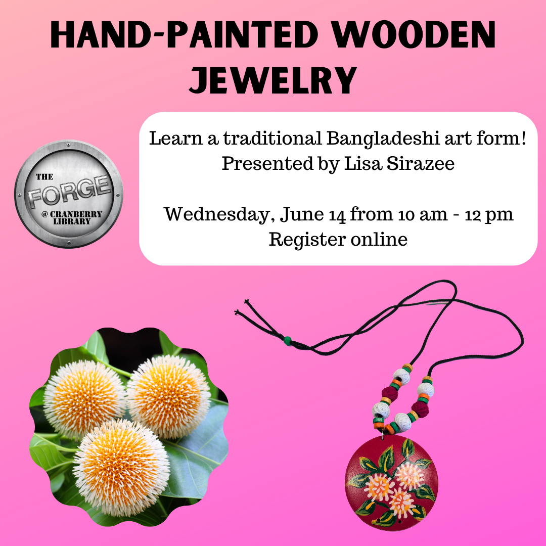 Flyer for Hand Painted Wooden Jewelry class with images of burflowers and a wooden necklace