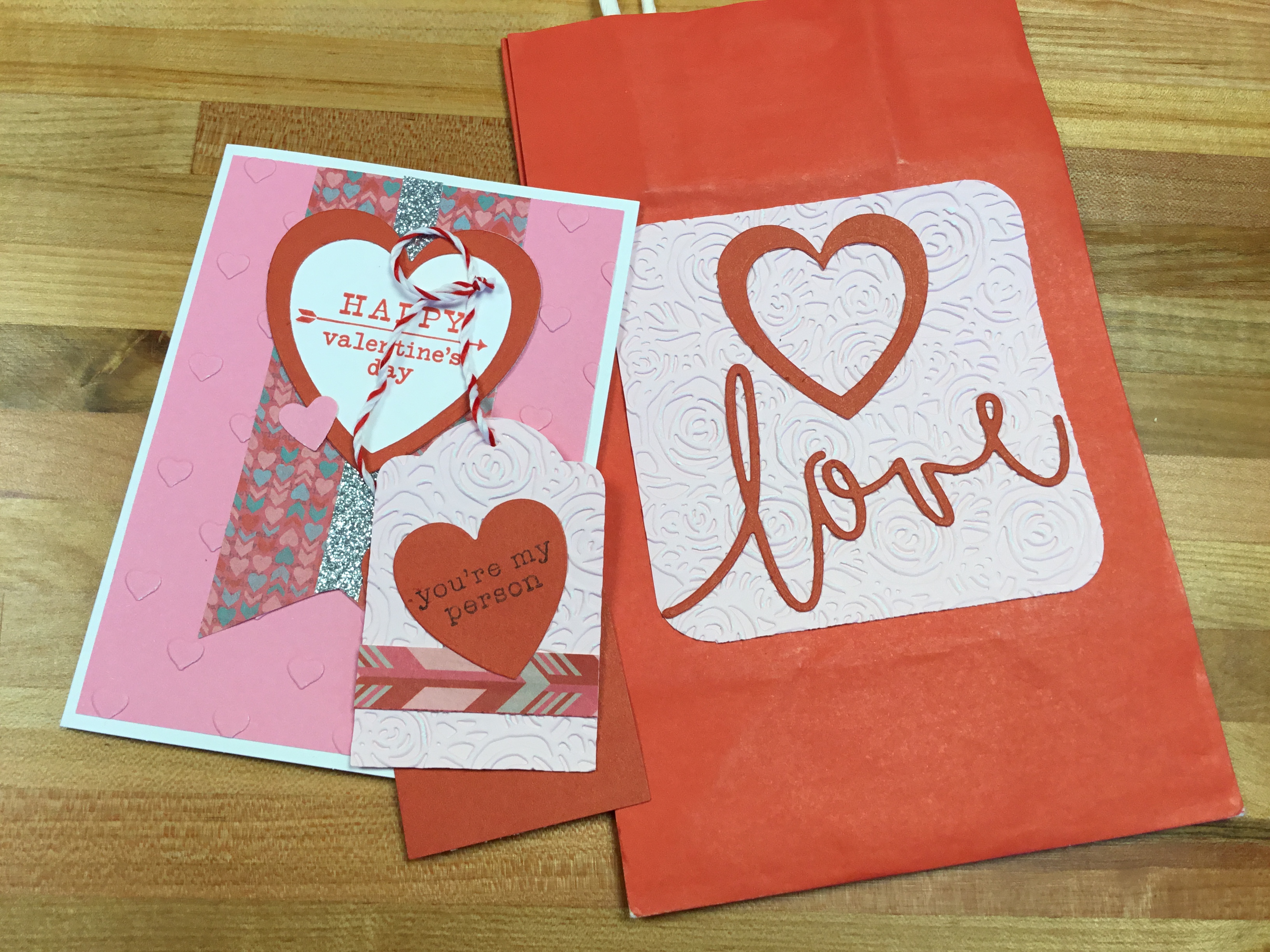 Photo of a Valentine's card, tag and gift bag