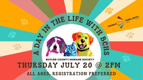 Flyer with images of dogs and cats against a multicolor background