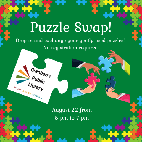 Flyer for puzzle swap with image of hands holding puzzle pieces