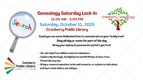 Genealogy Saturday Lock-In Event Flyer