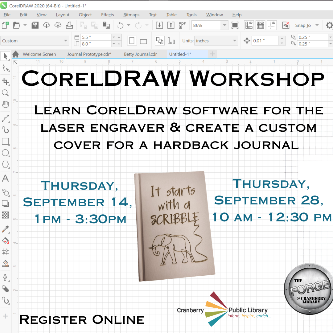 CorelDraw Workshop flyer with image of laser engraved journal